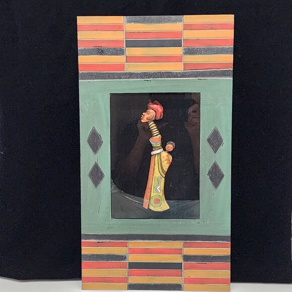 African Wall Hanging Mother Child 3D Glass Covered Wooden Shadow Box